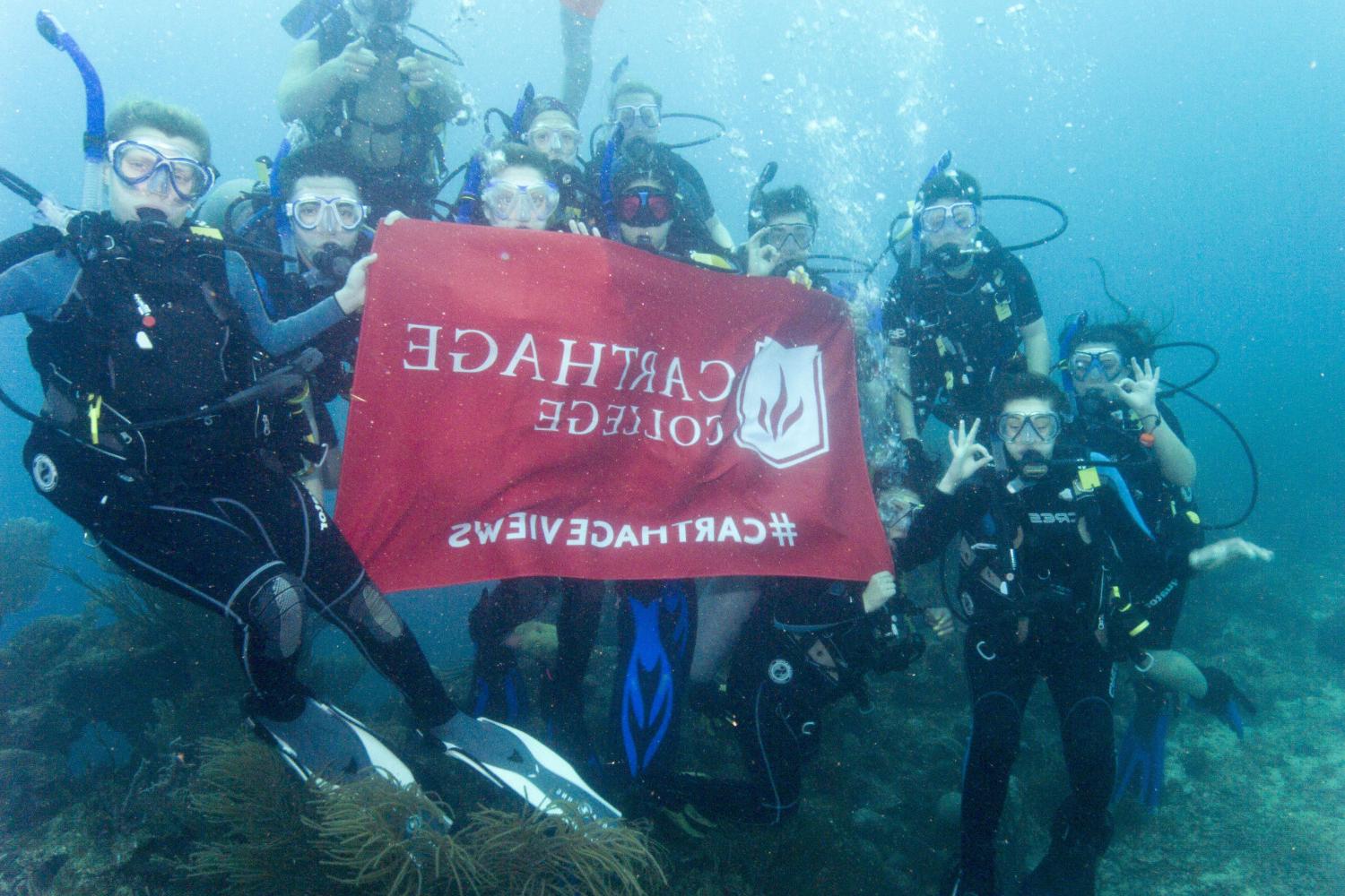 学生们手持<a href='http://o552cvk.shunhuiart.com'>博彩网址大全</a>旗帜，在j学期洪都拉斯游学之旅中潜水.